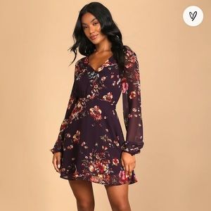 EUC | Lulu’s Always Yours Plum Purple Floral Print Long Sleeve Skater Dress